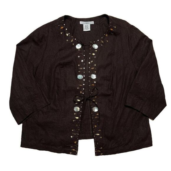 Versailles Open Front Beaded Jacket Seashell Sequin Linen Blend Women's 22W Euro - Picture 1 of 10